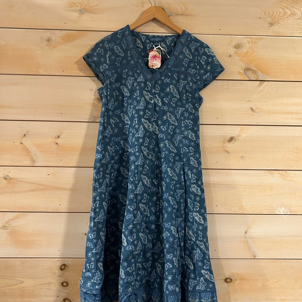 April Cornell Indigo Butterfly Dress Women’s Small- M Floral Boho Cottagecore